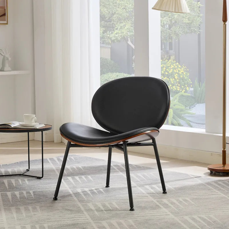 Chaise Coque Mid-Century Moderne Chaise d'appoint Piétement Trépied en Cuir Noir Fauteuil de Salon Finition Noyer Dossier Confortable