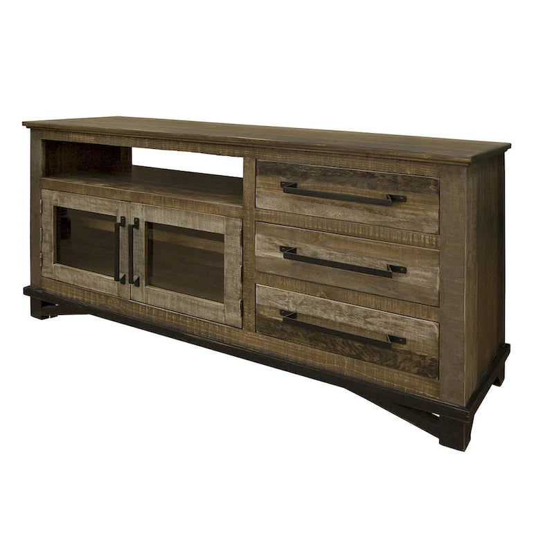 Meuble TV 61 pouces en bois massif brun avec rangement fermé et finition vieillie