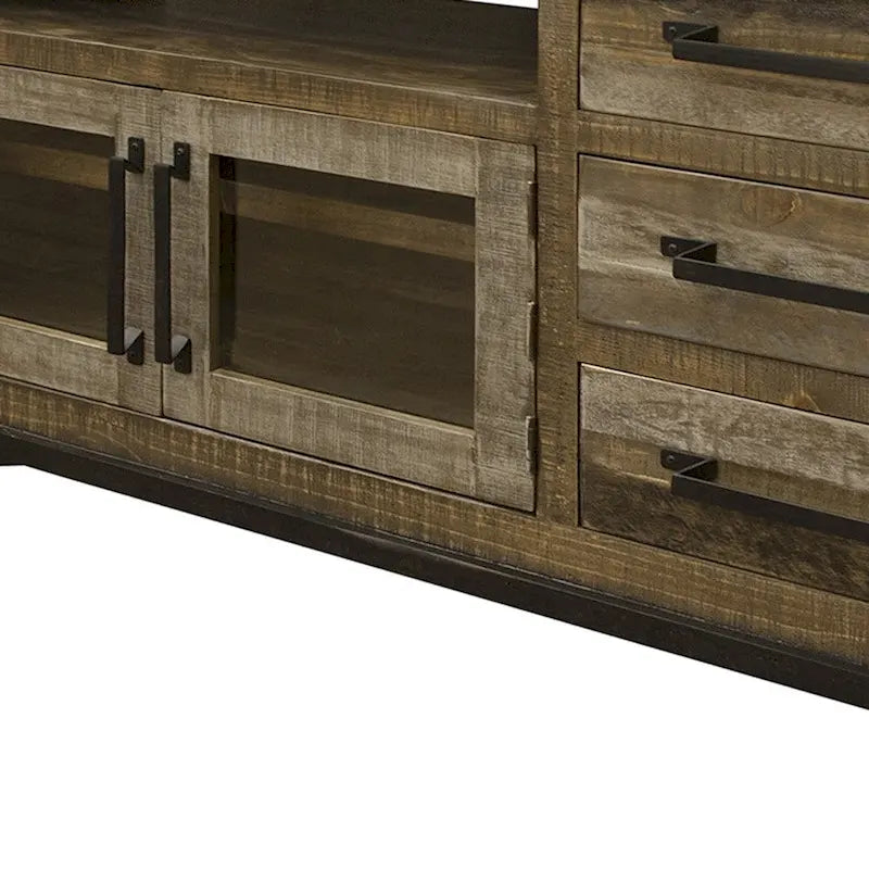 Meuble TV 61 pouces en bois massif brun avec rangement fermé et finition vieillie