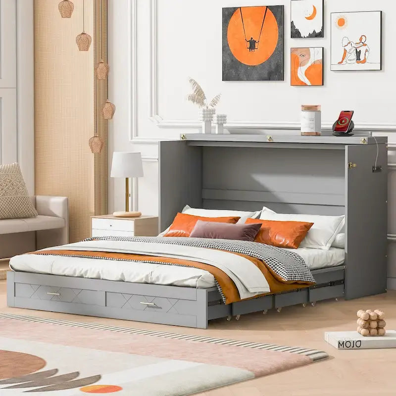 Lit escamotable Murphy avec tiroir et ensemble de prises et ports USB, conception à système de poulies