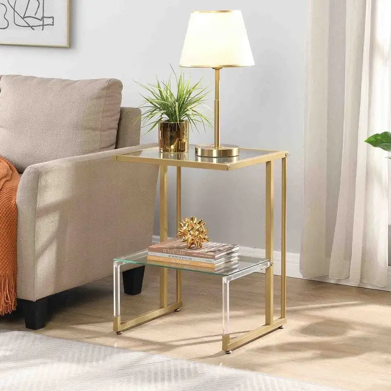 Table d'appoint contemporaine à 2 niveaux pour canapé avec étagères en verre trempé et cadre en métal
