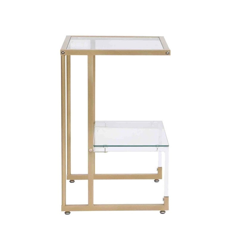 Table d'appoint contemporaine à 2 niveaux pour canapé avec étagères en verre trempé et cadre en métal
