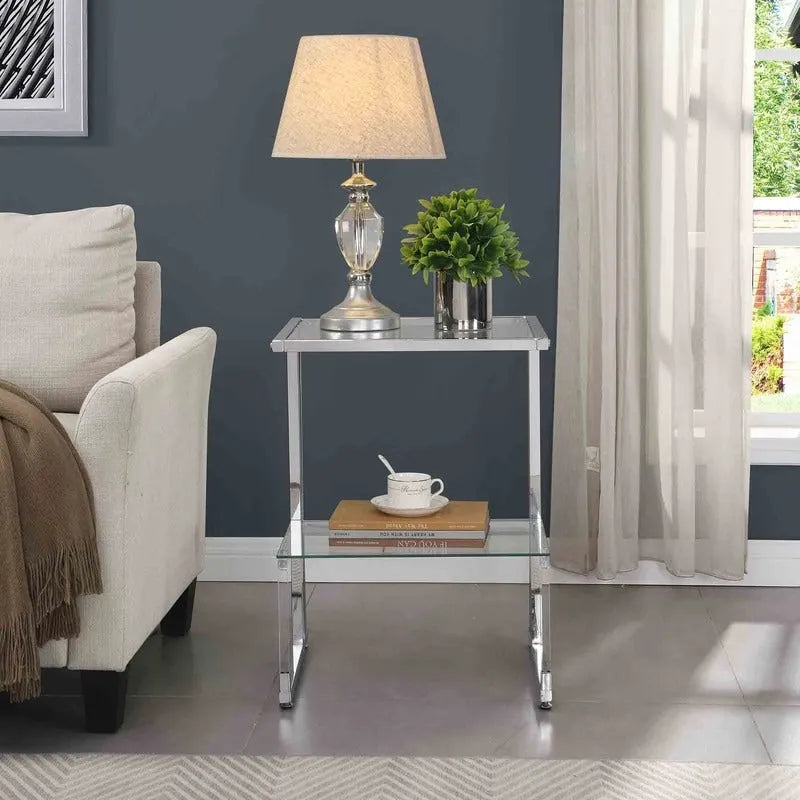 Table d'appoint contemporaine à 2 niveaux pour canapé avec étagères en verre trempé et cadre en métal