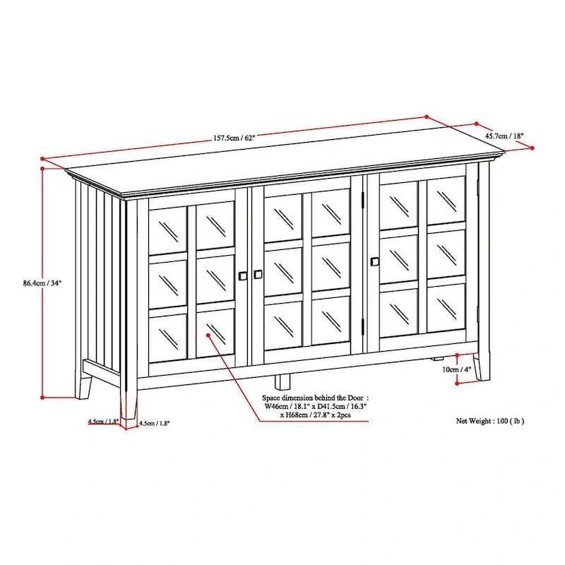 Meuble de rangement transitionnel large en BOIS MASSIF de 62 pouces - 62 l x 18 p x 34 h