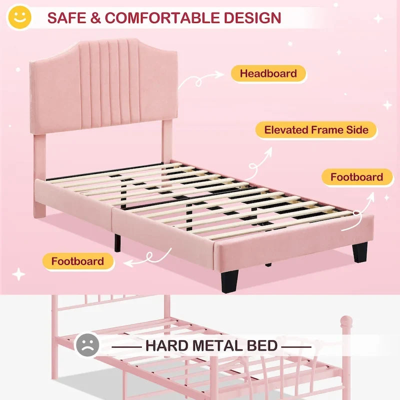 Cadre de lit une place pour enfants, sommier plateforme rembourré avec tête de lit