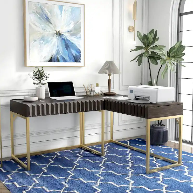 Bureau d'ordinateur en L style Glam Metal avec plateau relevable et ports USB