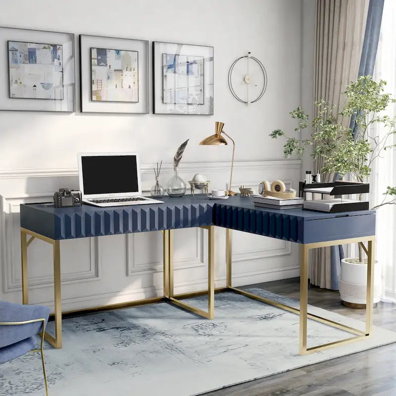 Bureau d'ordinateur en L style Glam Metal avec plateau relevable et ports USB