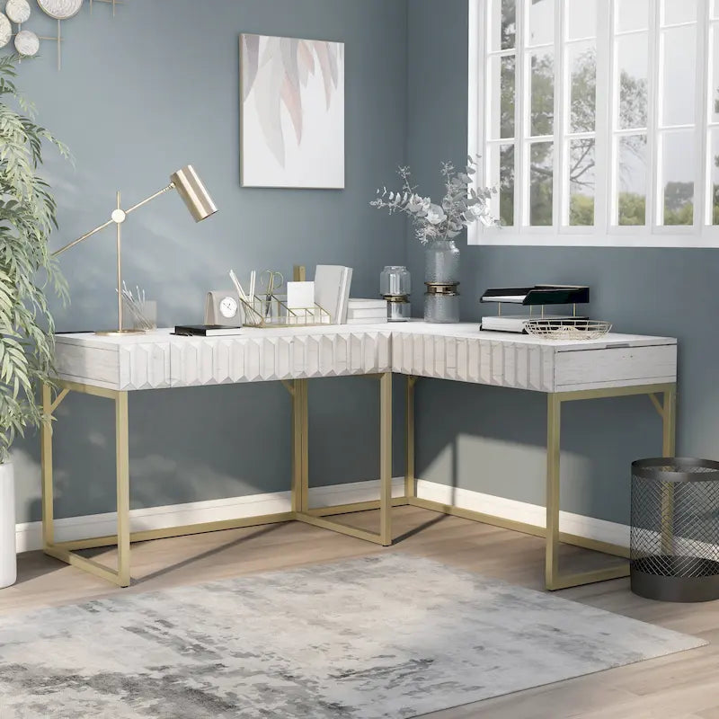 Bureau d'ordinateur en L style Glam Metal avec plateau relevable et ports USB
