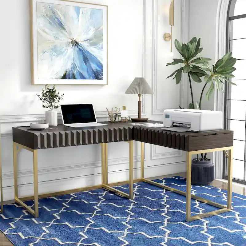 Bureau d'ordinateur en L style Glam Metal avec plateau relevable et ports USB