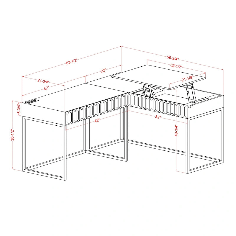 Bureau d'ordinateur en L style Glam Metal avec plateau relevable et ports USB
