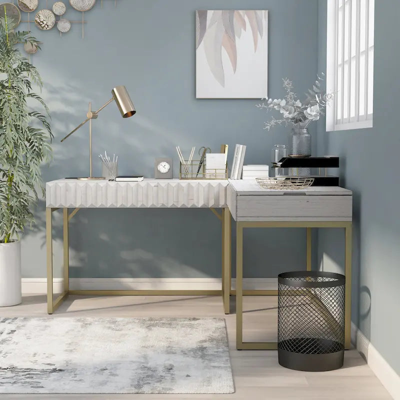 Bureau d'ordinateur en L style Glam Metal avec plateau relevable et ports USB