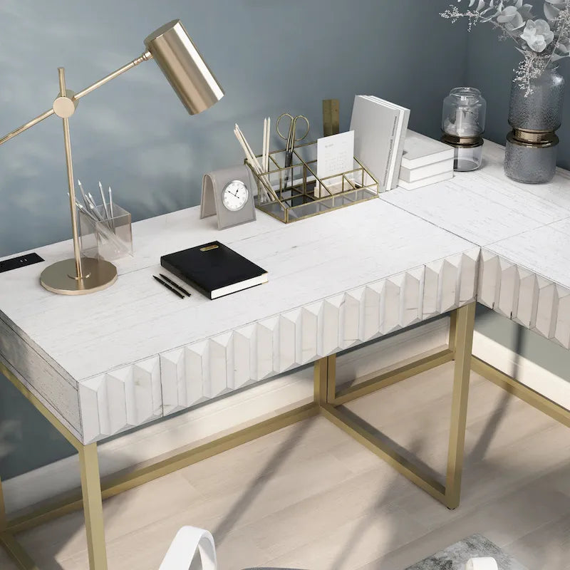 Bureau d'ordinateur en L style Glam Metal avec plateau relevable et ports USB