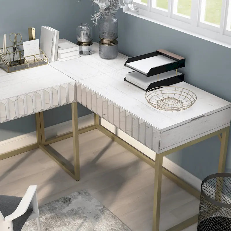 Bureau d'ordinateur en L style Glam Metal avec plateau relevable et ports USB