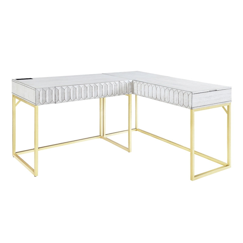 Bureau d'ordinateur en L style Glam Metal avec plateau relevable et ports USB