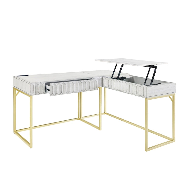 Bureau d'ordinateur en L style Glam Metal avec plateau relevable et ports USB