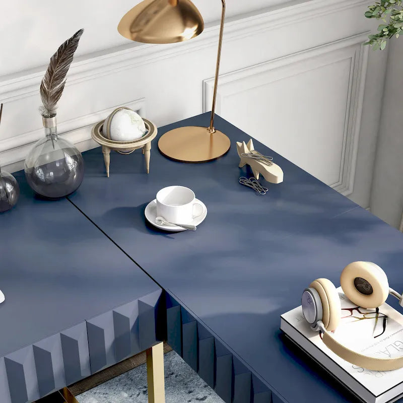 Bureau d'ordinateur en L style Glam Metal avec plateau relevable et ports USB