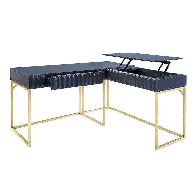 Bureau d'ordinateur en L style Glam Metal avec plateau relevable et ports USB