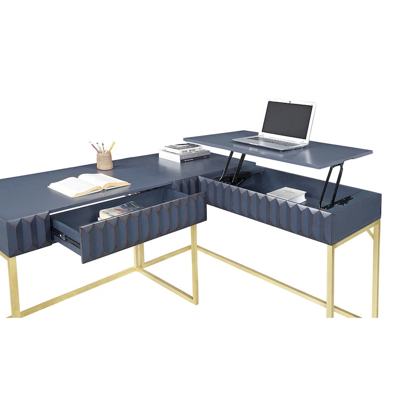 Bureau d'ordinateur en L style Glam Metal avec plateau relevable et ports USB
