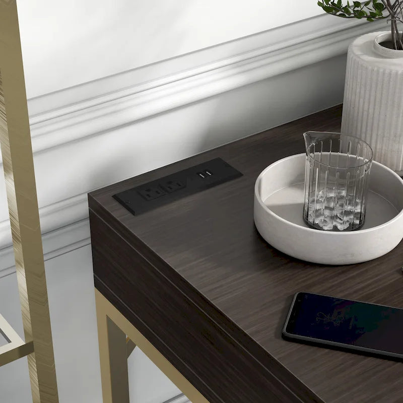 Bureau d'ordinateur en L style Glam Metal avec plateau relevable et ports USB