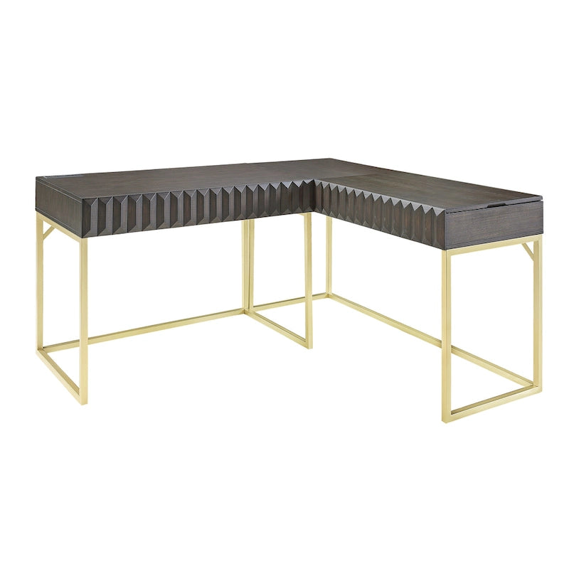 Bureau d'ordinateur en L style Glam Metal avec plateau relevable et ports USB