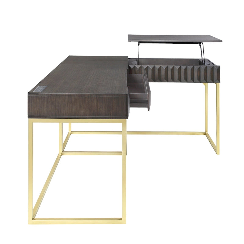 Bureau d'ordinateur en L style Glam Metal avec plateau relevable et ports USB