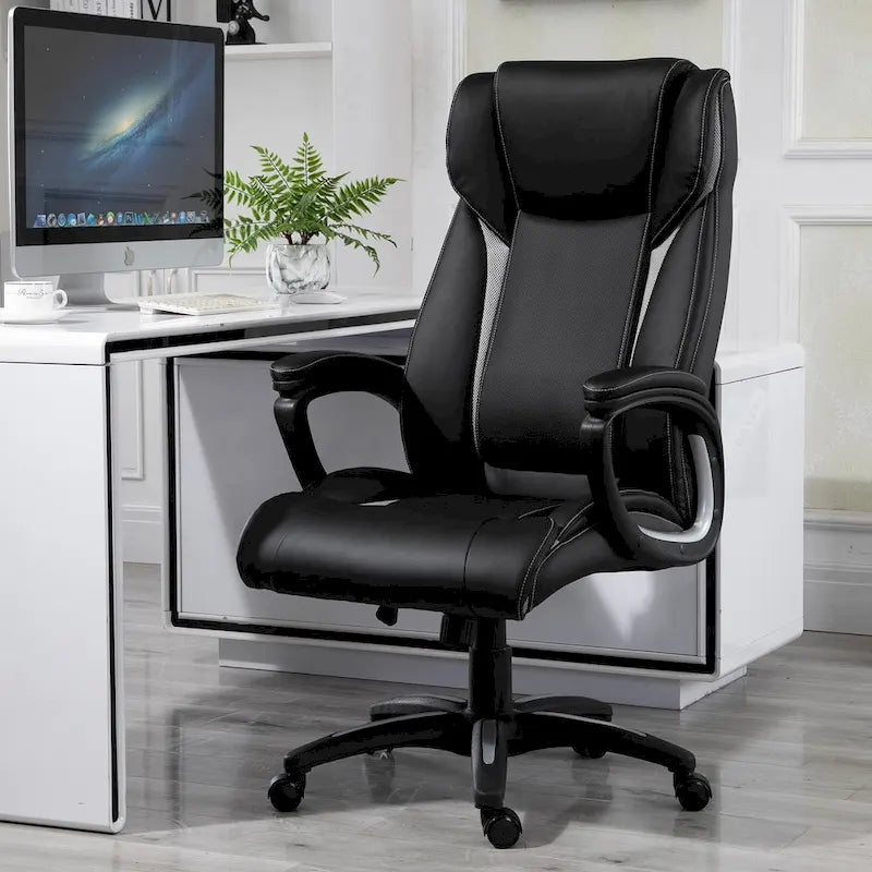 Chaise de bureau ergonomique, hauteur réglable, revêtement en similicuir, fonction bascule, pivotante à 360°, siège de travail pour la maison, noir
