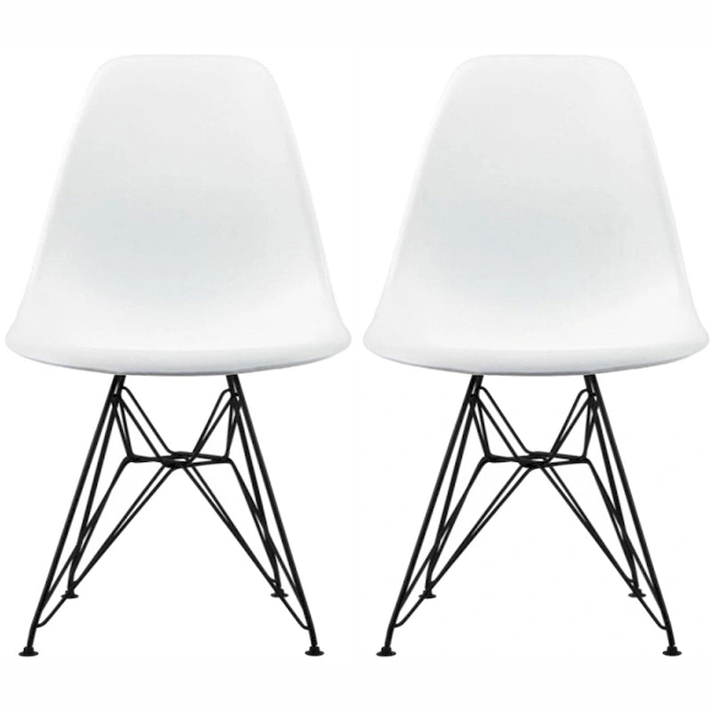 Lot de 2 chaises de salle à manger sans accoudoirs, siège à coque en plastique avec piètement en fil métallique noir style Eiffel, blanc