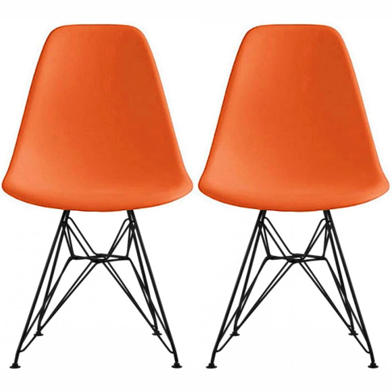 Lot de 2 chaises de salle à manger sans accoudoirs, siège à coque en plastique avec piètement en fil métallique noir style Eiffel, blanc