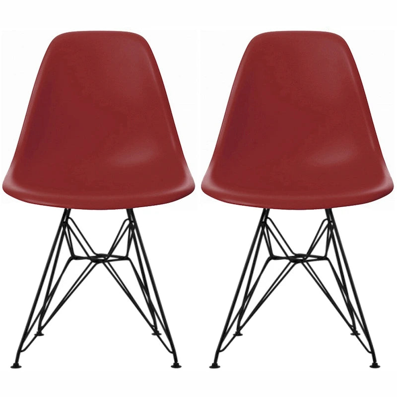 Lot de 2 chaises de salle à manger sans accoudoirs, siège à coque en plastique avec piètement en fil métallique noir style Eiffel, blanc