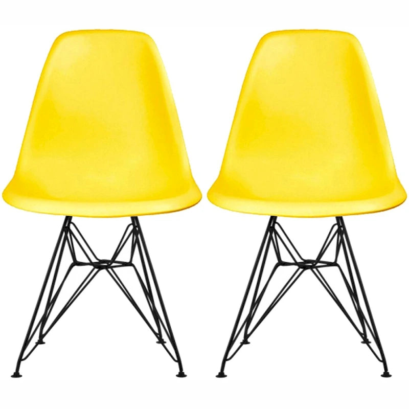 Lot de 2 chaises de salle à manger sans accoudoirs, siège à coque en plastique avec piètement en fil métallique noir style Eiffel, blanc