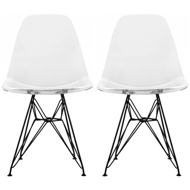 Lot de 2 chaises de salle à manger sans accoudoirs, siège à coque en plastique avec piètement en fil métallique noir style Eiffel, blanc