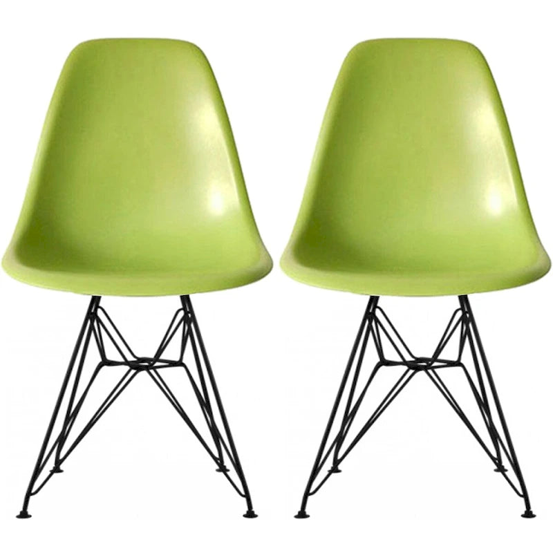 Lot de 2 chaises de salle à manger sans accoudoirs, siège à coque en plastique avec piètement en fil métallique noir style Eiffel, blanc