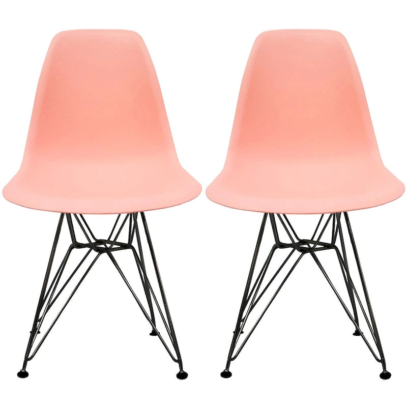 Lot de 2 chaises de salle à manger sans accoudoirs, siège à coque en plastique avec piètement en fil métallique noir style Eiffel, blanc