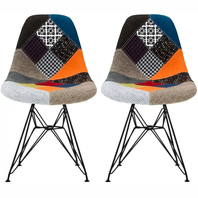 Lot de 2 chaises de salle à manger sans accoudoirs, siège à coque en plastique avec piètement en fil métallique noir style Eiffel, blanc