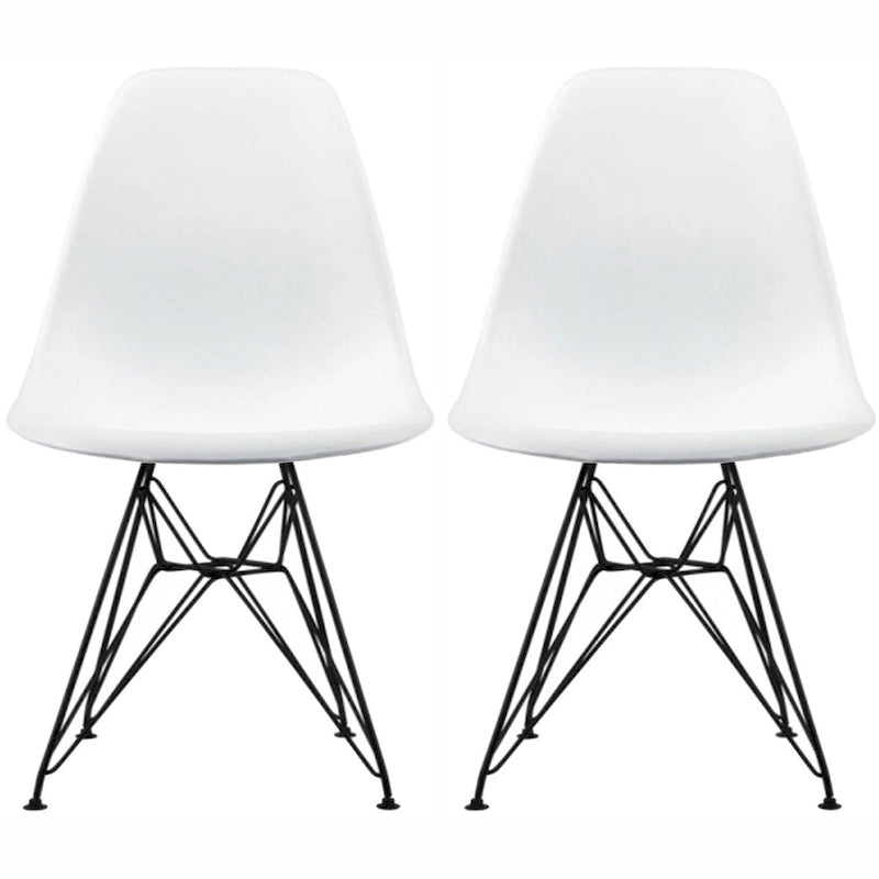 Lot de 2 chaises de salle à manger sans accoudoirs, siège à coque en plastique avec piètement en fil métallique noir style Eiffel, blanc