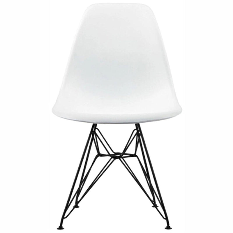 Lot de 2 chaises de salle à manger sans accoudoirs, siège à coque en plastique avec piètement en fil métallique noir style Eiffel, blanc