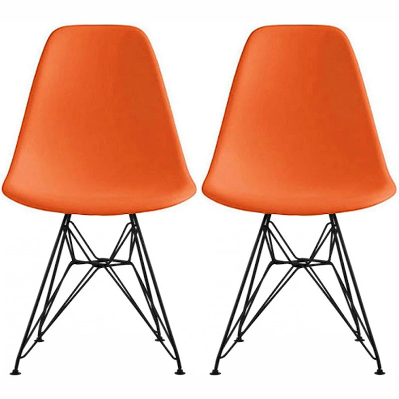 Lot de 2 chaises de salle à manger sans accoudoirs, siège à coque en plastique avec piètement en fil métallique noir style Eiffel, blanc