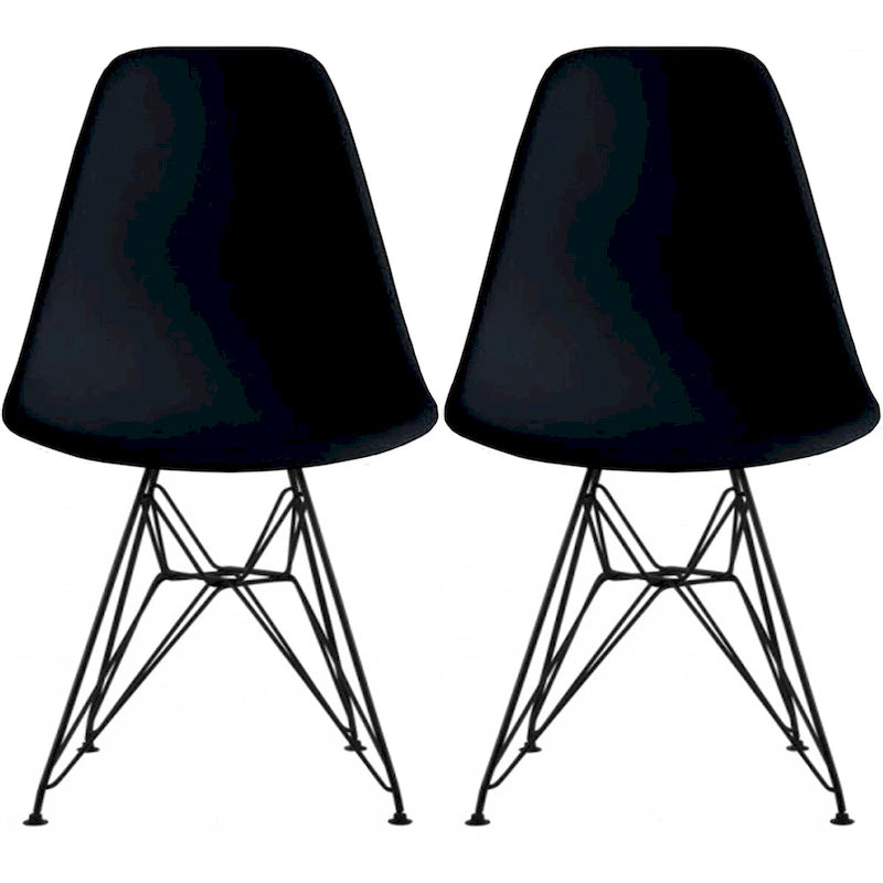 Lot de 2 chaises de salle à manger sans accoudoirs, siège à coque en plastique avec piètement en fil métallique noir style Eiffel, blanc