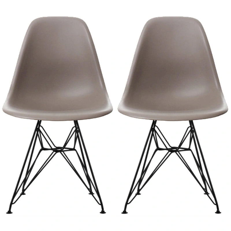 Lot de 2 chaises de salle à manger sans accoudoirs, siège à coque en plastique avec piètement en fil métallique noir style Eiffel, blanc