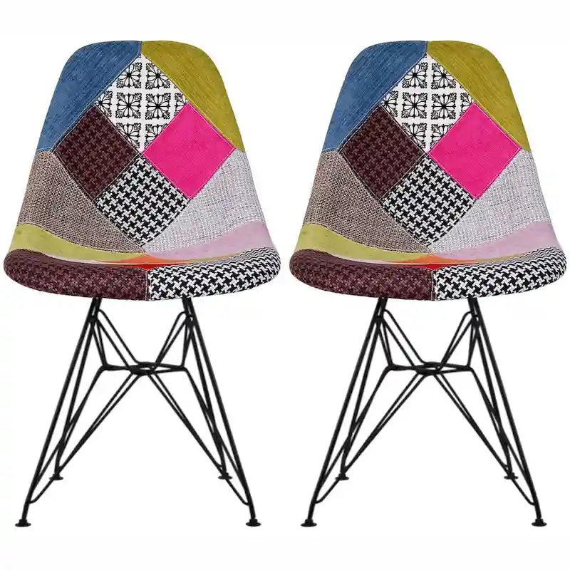 Lot de 2 chaises de salle à manger sans accoudoirs, siège à coque en plastique avec piètement en fil métallique noir style Eiffel, blanc