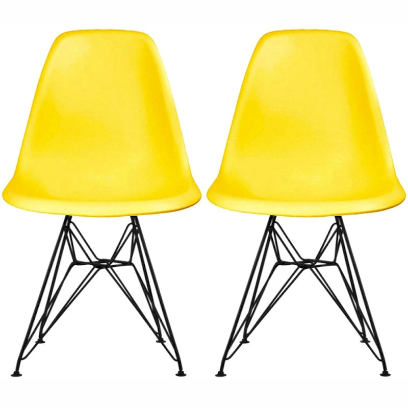 Lot de 2 chaises de salle à manger sans accoudoirs, siège à coque en plastique avec piètement en fil métallique noir style Eiffel, blanc