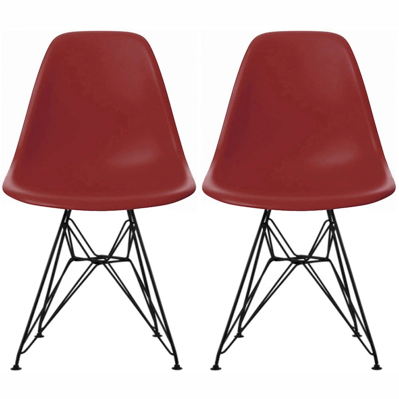 Lot de 2 chaises de salle à manger sans accoudoirs, siège à coque en plastique avec piètement en fil métallique noir style Eiffel, blanc