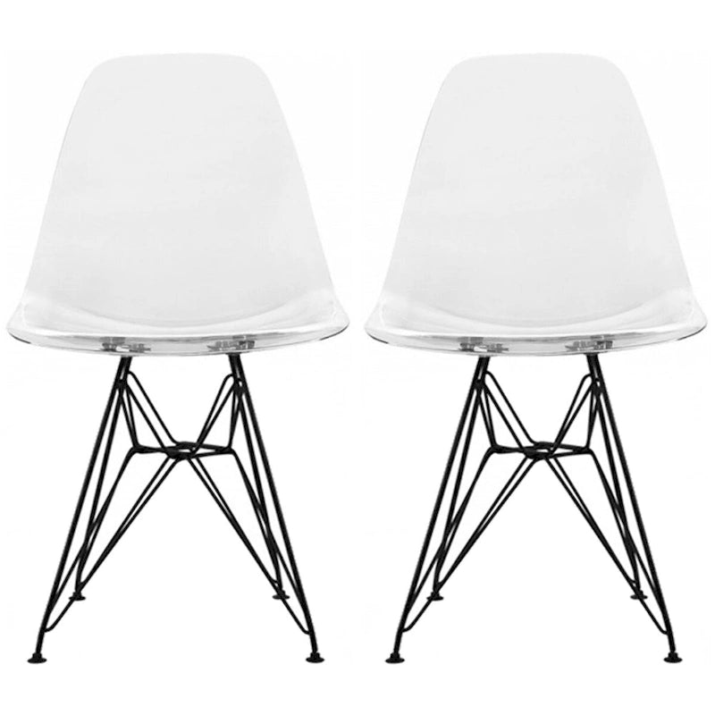 Lot de 2 chaises de salle à manger sans accoudoirs, siège à coque en plastique avec piètement en fil métallique noir style Eiffel, blanc