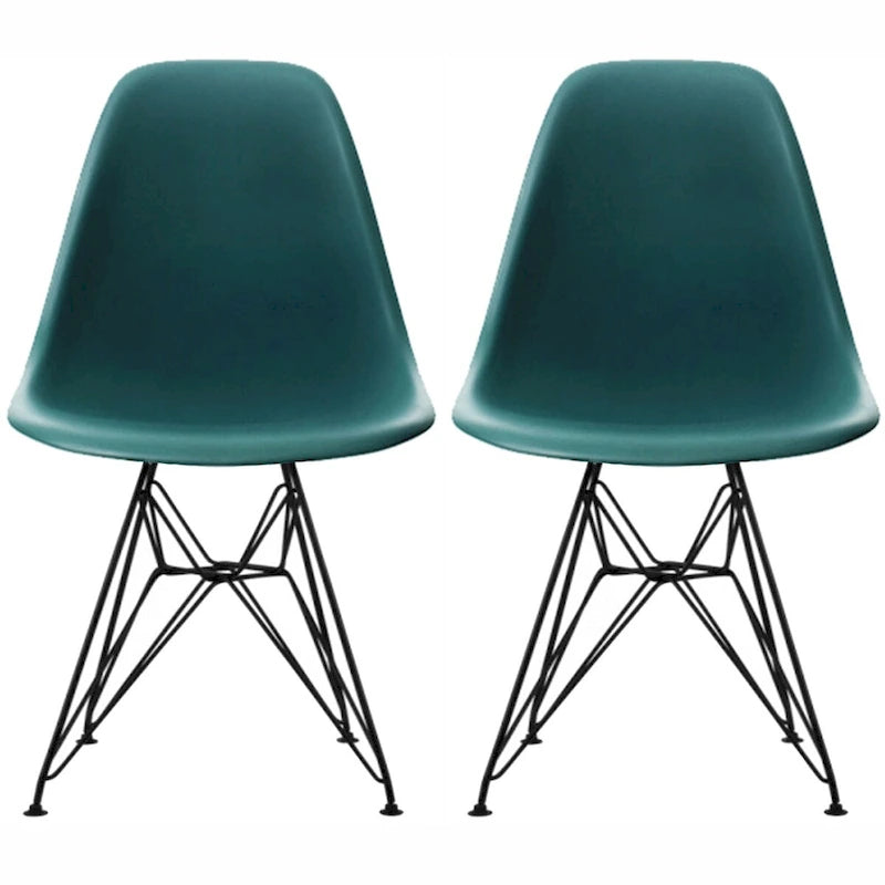 Lot de 2 chaises de salle à manger sans accoudoirs, siège à coque en plastique avec piètement en fil métallique noir style Eiffel, blanc
