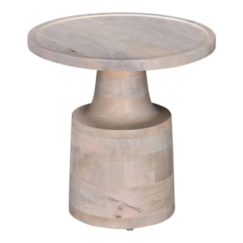 Side End Table, 18 Inch Round Top, Pedestal Base, Oak White Mango Wood