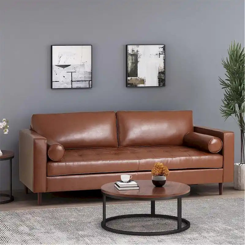 PU Comfy 3-seat Sofa with Wooden Legs for Living Room