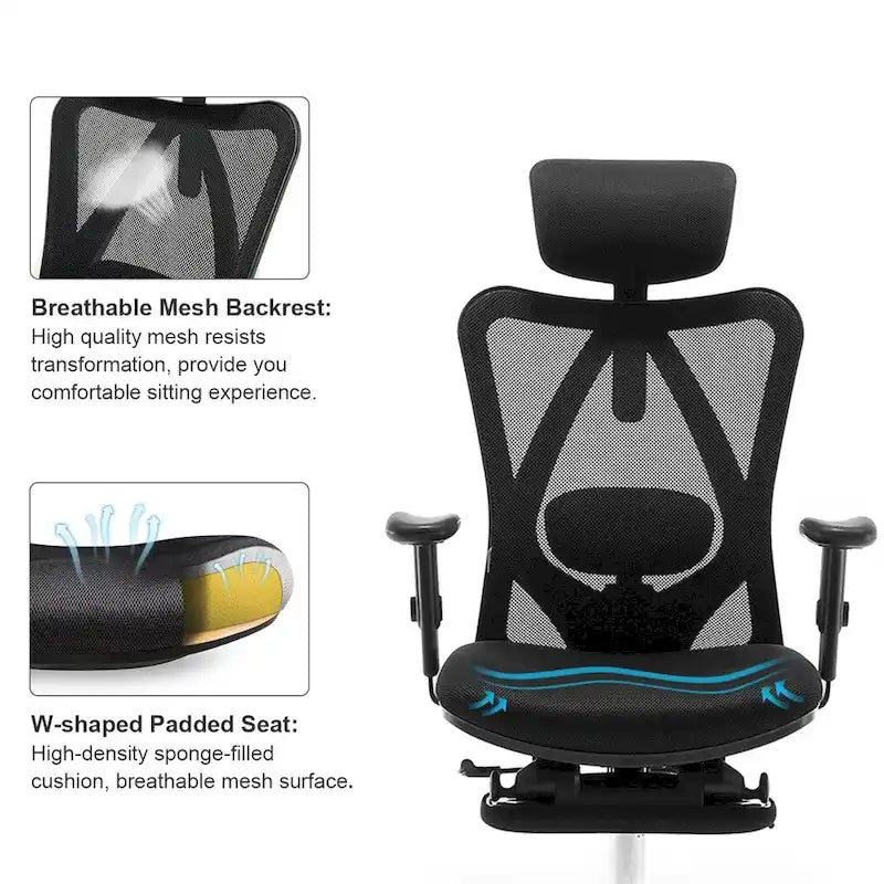 Chaise de bureau ergonomique avec repose-pieds, fauteuil à dossier haut pour personnes de grande taille, noir - 68*70*130
