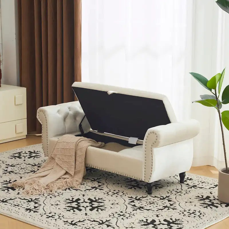 Banc ottoman de rangement multifonctionnel en velours traditionnel avec coussin